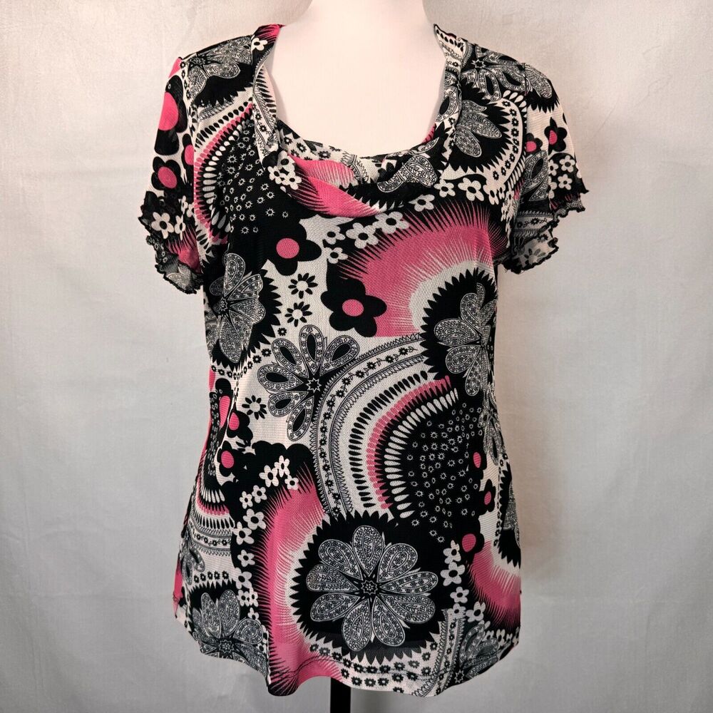 Simply French Blouse Sz L Black Pink Round Neck Ruffle Layered Short Sleeve